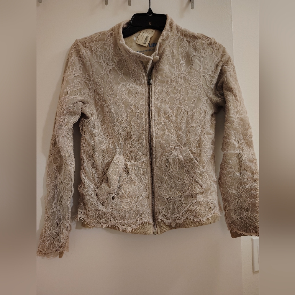 Planet BLUE Blue Life Beige Lace Bomber Jacket